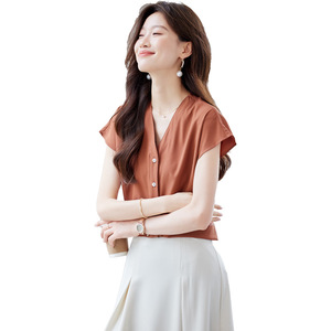 Women's Short Sleeve Chiffon Blouse Solid Color Button Front Wrap <b>Tie</b> Work Shirt For Office Commuting Professional Look - Product Image 5