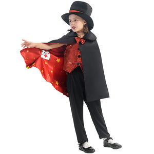 Children Magician Costume Red Star Cape Top Hat Magic Wand Performance Cosplay Outfit Party Role Play Dress Up Suit - Product Image 5