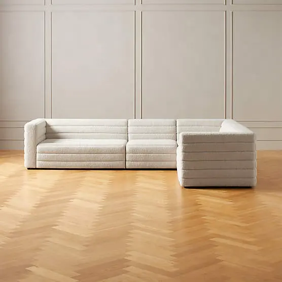 أريكة بيضاء فاخرة حديثة على شكل حرف L من 4 قطع شمالية مقطعية كبيرة مع الخشب