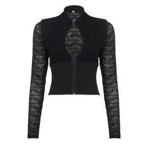Camiseta Sexy de Manga Larga con Encaje y Corte Recortado para Mujer, Top de Punto Transparente, Blusa Y2K para Combinar en Capas - Product Image 6