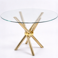 Table à manger ronde en verre en acier inoxydable doré avec pieds croisés, mobilier d'hôtel moderne