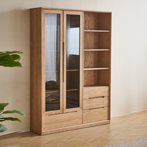 <b>Solid</b> <b>Wood</b> Ash <b>Bookcase</b> With Glass Doors And Shelves Floor Standing Minimalist Modern Style For Home Bedroom Study - Product Image 2