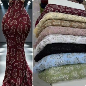 5 yardas de tela de encaje de <span class=keywords><strong>guipur</strong></span> africano <span class=keywords><strong>con</strong></span> cuentas y <span class=keywords><strong>piedras</strong></span>, encaje de tul <span class=keywords><strong>bordado</strong></span> KJY611 - Product Image 2