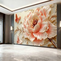 Wallpaper Mural 3D Art Deco Kupu-kupu Peony Merah Muda, Mewah Bertekstur, Cetak Transfer Panas, Custom untuk Ruang Tamu TV