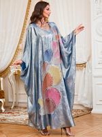 Kaftan Marocain Ample à Manches Chauve-Souris Brodé de Fleurs à Paillettes sur le Devant, Adapté aux 4 Saisons