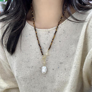 Collier avec pendentif en <span class=keywords><strong>perle</strong></span> d'eau douce naturelle <span class=keywords><strong>de</strong></span> 14-15 mm, pierre œil <span class=keywords><strong>de</strong></span> tigre, baroque, vente chaude, forme d'étoile, <span class=keywords><strong>boucle</strong></span> OT - Product Image 6