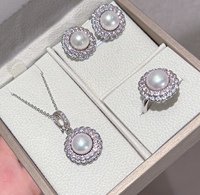 Bunga Matahari Valentine 3  Set Perhiasan, Kalung Anting Cincin, Mutiara Air Tawar Budidaya 9-10mm Bertatahkan Zirkonia Kubik