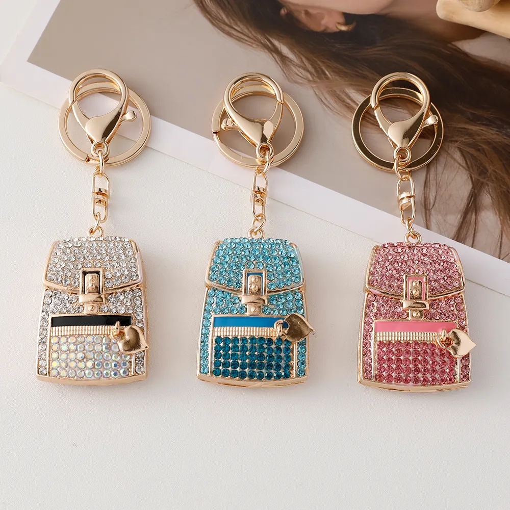 Porte-clés pendentif en forme de sac à dos avec breloque et cœur en diamant pour couple