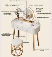 Table de toilette moderne avec plateau en marbre, double tiroirs et miroir LED rond pour chambre à coucher, dortoir, chambre d'amis