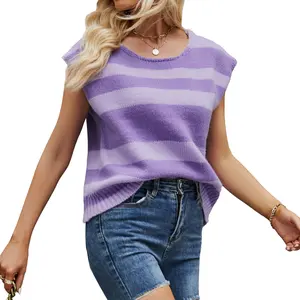 Tank Top Sweater bergaris wanita, grosir topi rompi lengan Crew neck rajut pullover ringan warna blok