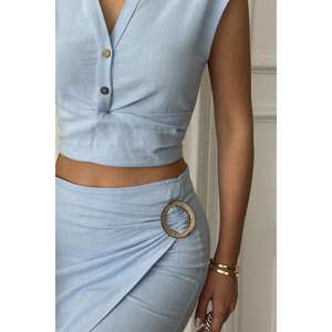 Conjunto de Camisa y Falda Azul Bebé de Lino, Traje de Tela Oxford Transpirable para Mujer - Product Image 2