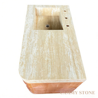 Vasque de salle de bain en pierre naturelle Cammy Stone Wabi-sabi, beige, en travertin, avec armoires en bois et tiroirs pour hôtel, villa
