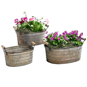 Set of 3 Farmhouse Decor Galvanized Oval Planter Tubs Nested Metal Zinc Buckets Rustic Vintage Containers