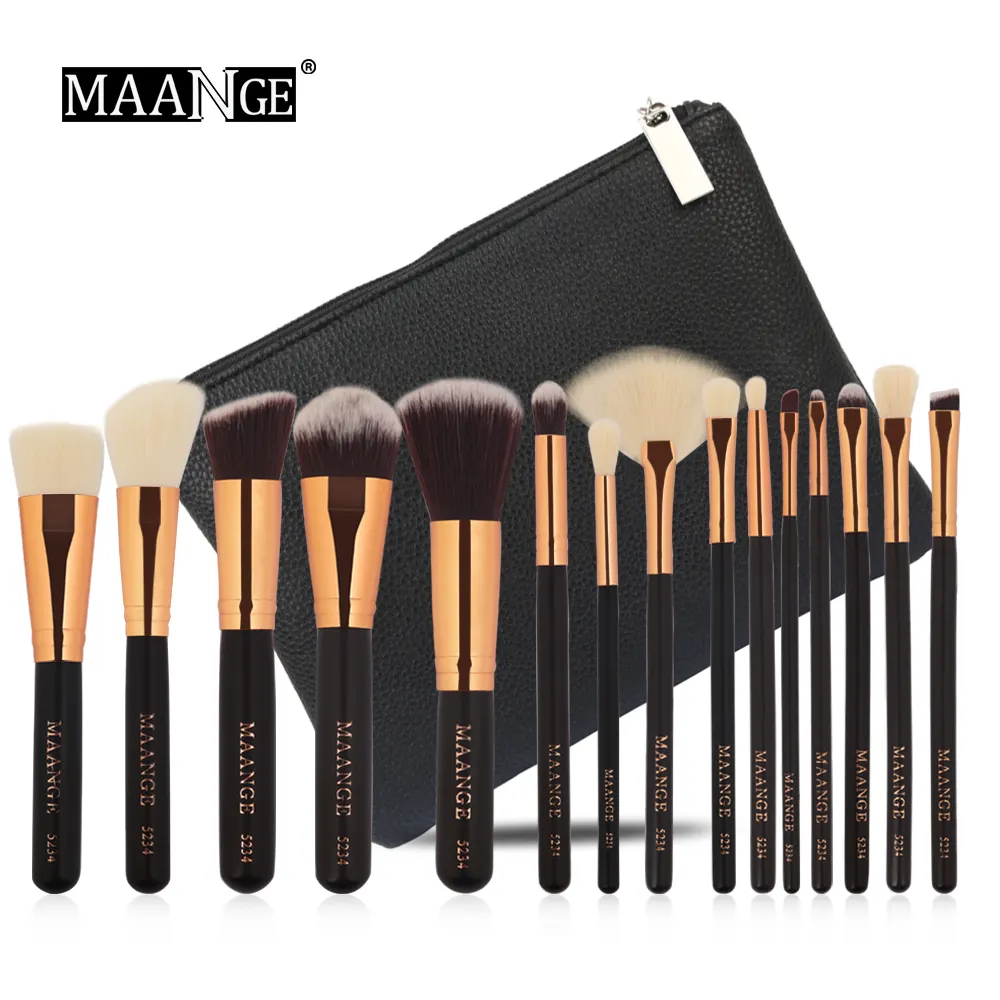 MAANGE 15pcs Black Makeup Brush Set with Bag Pu cosmetic bag luxury Wooden Handle Custom Logo Private Label Makeup Brush Set