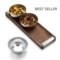 Ensemble de 3 bols de service en acier inoxydable Horeca avec plateau en bois, texture verticale, pour apéritifs, pour hôtels et complexes hôteliers européens