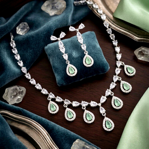 Premium Rhodium Plated Cubic Zirconia Emerald Green Tear Drop Necklace Earrings Set for Women - Bridal & Partywear Indian <b>Costum</b> - Product Image 1