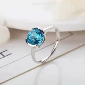 beautiful minimalist single gemstone jewelry 925 sterling silver 18k white gold plated 8mm natural blue topaz ring