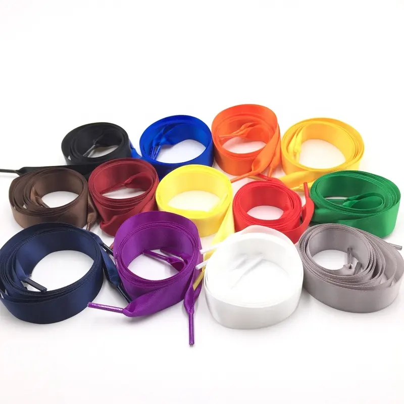 Factory supply fashion design colorful long white 2cm wide trendy satin ribbon shoe laces