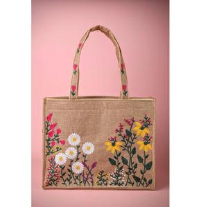 Stylish Fashion Summer Jute Carry Bags Beautiful Handles Embroidery Work Letter Pattern Medium Size for Women Daily Use - Product Image 1