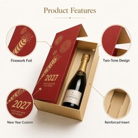 Boîte cadeau rigide rouge personnalisée pour champagne du Nouvel An, impression feu d'artifice dorée à chaud, pour bouteille unique, emballage festif pour vin mousseux