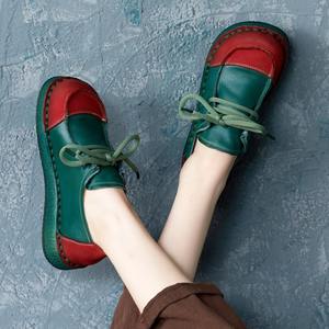 รองเท้าผู้หญิงสไตล์ชาติพันธุ์แบบใหม่สำหรับฤดูใบไม้ร่วง หนังวัวทรงหัวมน แบบผูกเชือก ส้นแบน พื้นนุ่ม สวมใส่สบาย - Product Image 2