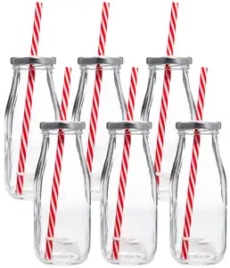 14 Oz Glass Milk Bottles with Colorful Metal Twist Lids and Straws Reusable for Milk Water and Juice