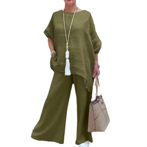 Nouvelle tenue pour femmes en coton et <span class=keywords><strong>lin</strong></span>, mode décontractée, <span class=keywords><strong>grande</strong></span> <span class=keywords><strong>taille</strong></span>, asymétrique, manches longues, <span class=keywords><strong>pantalon</strong></span> large, deux pièces - Product Image 5