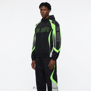 Conjunto de chándal con capucha para hombre, negro y verde, con cremallera, chaqueta y pantalones, logotipo personalizado, chándales cortavientos - Product Image 1