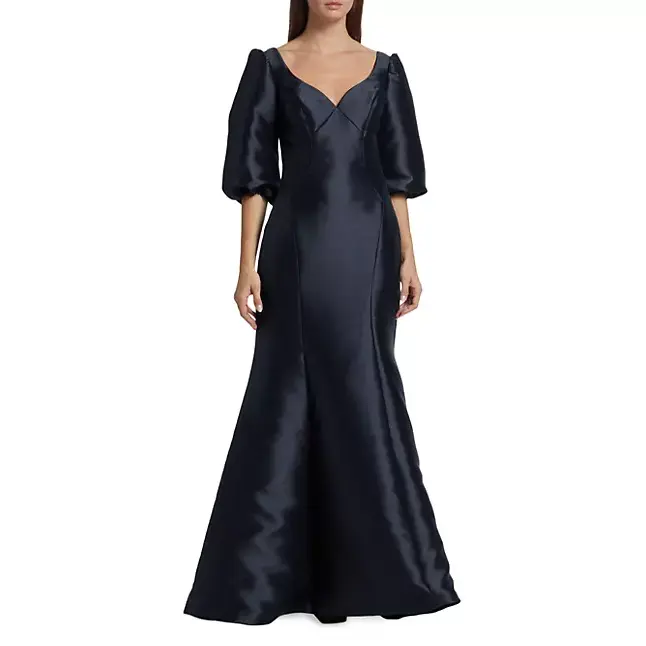 Women Custom Three Quarter Puff Sleeves Deep V Neck Mermaid Evening Dress Luxury Classic Black Satin Maxi Party Dress Gown