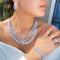 Parure de bijoux de luxe 4 pièces pour femme, collier fleuri multicouche triple 3 couches, boucles d'oreilles à pampilles, style mariée du Moyen-Orient, grande parure de mariage