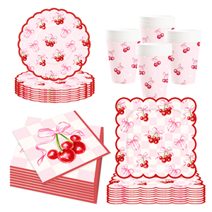 DAMAI - Juego de Vajilla Desechable con Temática de Cereza para Fiestas de Cumpleaños, Platos y Servilletas de Papel para Baby Shower - Product Image 3