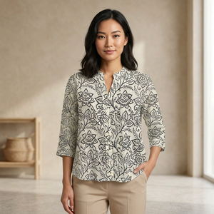 Blusa de Popelina 100% Algodón con Estampado Floral Vintage para Mujer, Manga Tres Cuartos, Cuello en V, Botones, Formal, Transpirable, Sencilla, Primavera Verano - Product Image 1