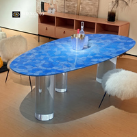 Table à manger unique en pierre turquoise bleue, forme de goutte d'eau moderne, meuble en pierre semi-précieuse
