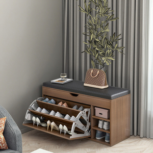 Meuble à chaussures multifonctionnel moderne pour l'entrée de la maison, avec étagère en fer et banc en bois avec coussin moelleux pour s'asseoir et changer de chaussures - Product Image 2
