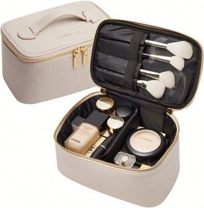 Sac à cosmétiques portable en cuir lisse PU avec fermeture éclair, matériau imperméable, grande capacité, vente en gros professionnelle - Product Image 1