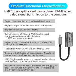 Kartu Penangkap Video USB Tipe C 4K @ 60Hz 1080P HD Tipe C USB C Ke HDMI untuk Perekaman Video Live-Streaming Rekaman Pengajaran Game