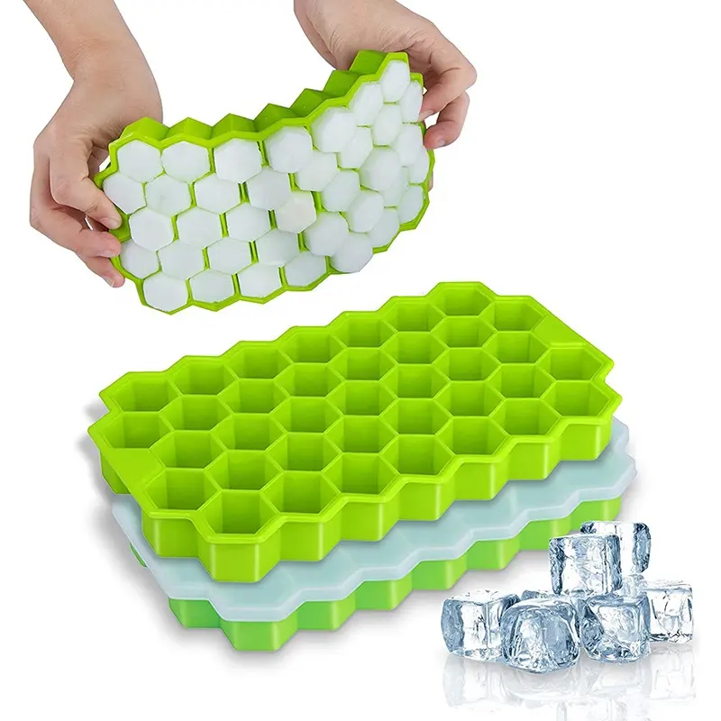 Bandejas de cubo de hielo de silicona con forma hexagonal, 37 cavidades, panal de abeja, con tapa