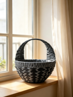 Panier à fleurs gris foncé aspect osier, poignée en tissu, doublure en plastique, pot de jardin extérieur