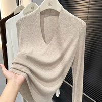 Pull en maille côtelée pour femme, coupe ajustée, col en V, manches longues, léger