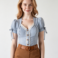 Chemisier pour femme à manches courtes bouffantes, motif carreaux bleus et blancs, avec bordure en dentelle et poignets à nouer, chemise intérieure pour Dirndl bavarois d'Oktoberfest