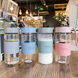 Bouteille d'eau de voyage en verre portable, anti-fuite, avec infuseur, manchon en cuir simple anti-brûlure pour café et thé - Product Image 2