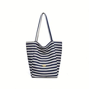 Striped <b>Canvas</b> Tote <b>Bag</b> <b>Large</b> Capacity Casual Shoulder <b>Bag</b> for Women Summer Beach Shopping Handbag - Product Image 3