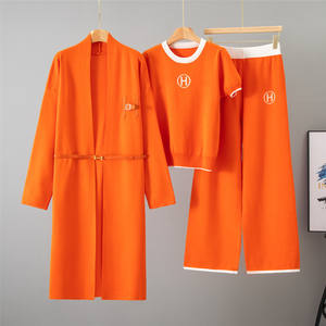 Stile autunnale da <span class=keywords><strong>donna</strong></span> in tre pezzi elegante a maniche corte <span class=keywords><strong>pantaloni</strong></span> <span class=keywords><strong>larghi</strong></span> a maglia lunga con giacca Cardigan in tinta unita 0592 - Product Image 2