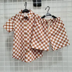 Custom Summer Short Sleeve Casual Checkered Button Clothes Set Men Summer Beach Clothes Set