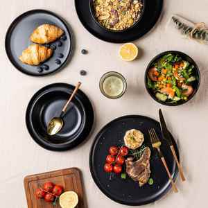 Wholesale Eco-Friendly Country Style Matt Black <b>Ceramic</b> Stoneware Dinner <b>Plates</b> Set 10.5" 8" Solid Pattern Customized Logo for - Product Image 4