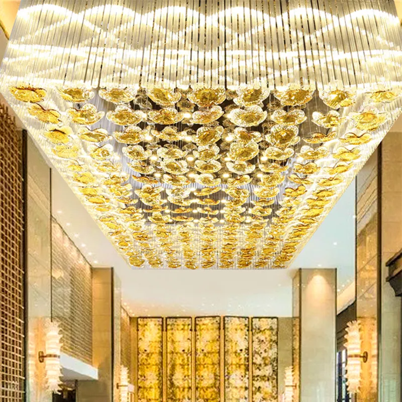 2023 Big Hotel Project Luxury Gold Glass Ceiling Light Hotel Banquet Hall Led Chandelier Large Ceiling Glass Chandelier