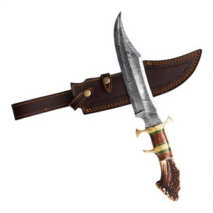 Damascus Steel Hunting Knife With Stag Antler Handle Outdoor Camping <b>Survival</b> Knifes Handmade Blade Smooth Edge - Product Image 1