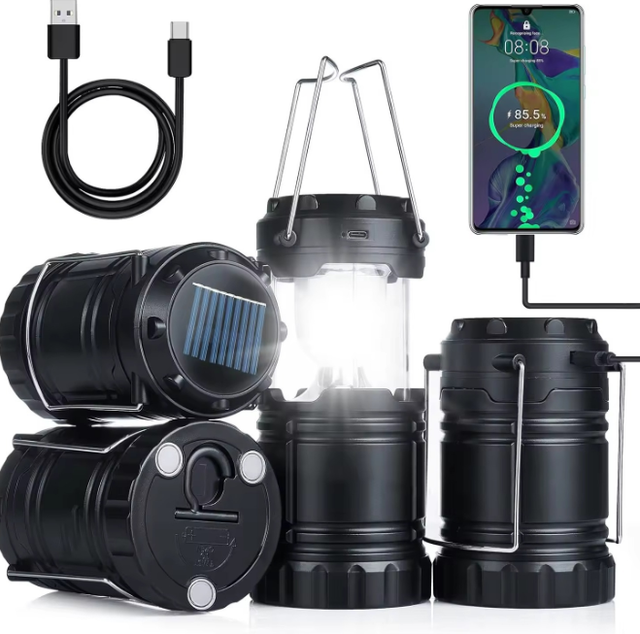 Solar Rechargeable LED Camping Lantern USB C Collapsible Battery Powered Camping Light With Magnet Base and Foldable Hook