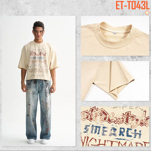 Venta al por mayor caliente Hip Hop 270 Gsm Boxy Cropped Graphic Tee Raw Hem Screen Print manga corta Oversize camiseta - Product Image 3