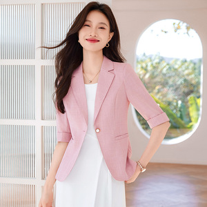 Pink Women's Blazer Three Quarter Sleeve Solid Color Polyester Breathable 2025 Spring Summer Style - Product Image 1